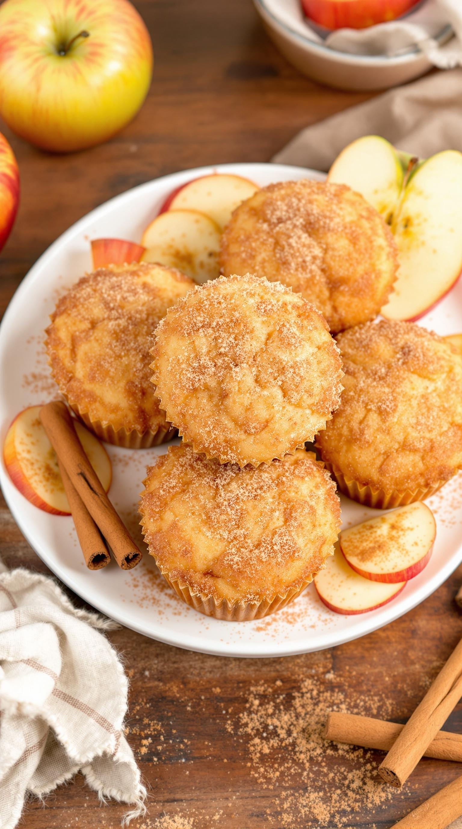 A plate of golden apple cider donut muffins dusted with cinnamon sugar, surrounded by apple slices and cinnamon sticks.